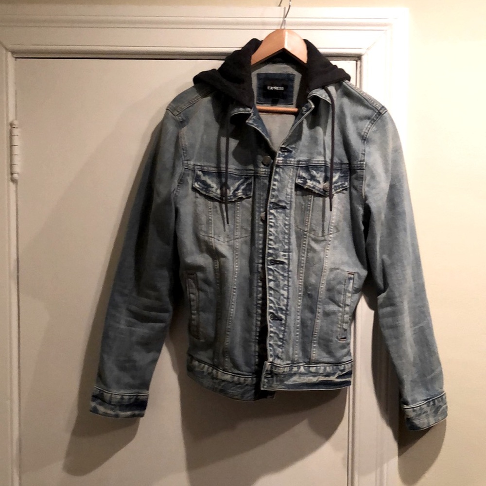 Express Hooded Denim Full Tricker Jacket  Medium Softly Distressed Blue
